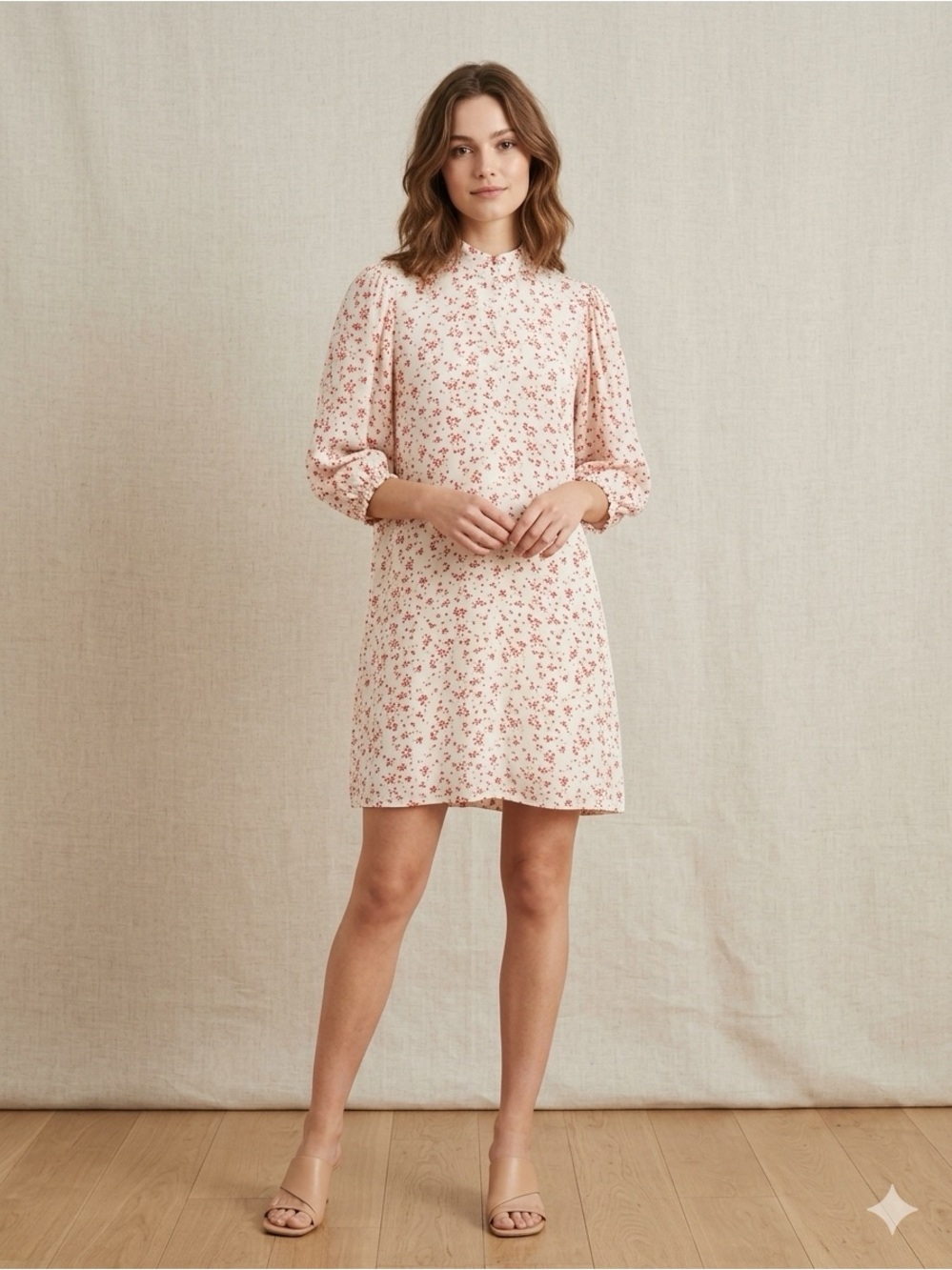 GANNI Red White Floral Georgette Puff Sleeve Mini Dress Size EU 42 US 10